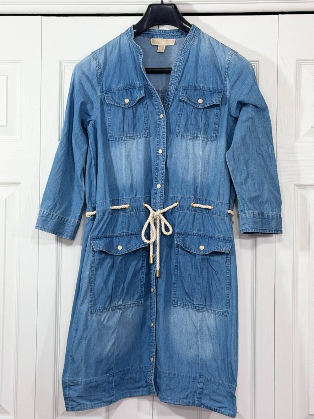 MICHAEL Michael Kors Denim Shirt Dress with Drawstring Waist & Roll-Tab Sleeves